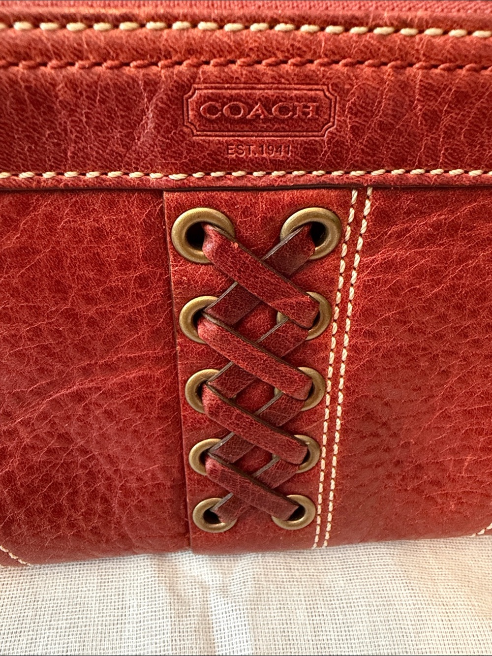 Coach Vintage Red-Brown Pebbled Leather Wristlet with Lace-Up Grommet & Tassel - Picture 2 of 9